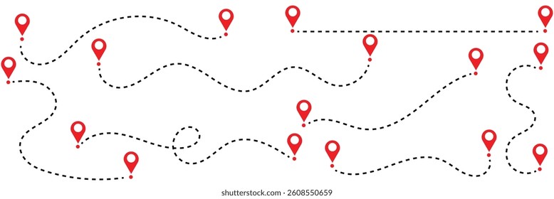Path travel dotted line trip dashed trace destination track plan and silhouette, travelling symbol vector illustration .EPS 10 .
