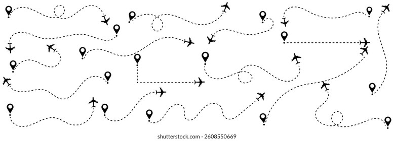 Path travel dotted line trip dashed trace destination track plan and silhouette, travelling symbol vector illustration .EPS 10 .