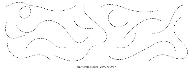 Trassenfahrt gepunktete Linie Trip gestrichelte Spur Ziel Track Plan und Silhouette, Handgezeichnete Squiggle Linie. Vektorgrafik des fahrenden Symbols. EPS 10