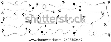 Path travel dotted line trip dashed trace destination track plan and silhouette, travelling symbol vector illustration .EPS 10 .
