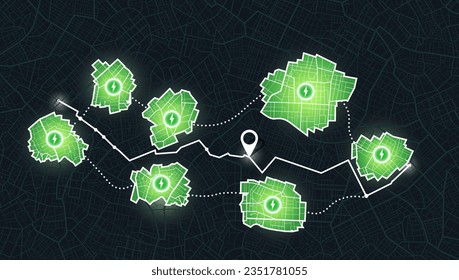 Path turns and destination tag or mark. Huge city top view Tracking path and route planning from home. Black backgrougnd vector. Location charging station on parking lot with fast supercharger station