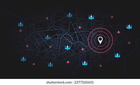 Giros de ruta y marca o etiqueta de destino. Enorme vista de arriba de la ciudad. Ruta de seguimiento y ruta. vector. Ubicación de la estación de carga EV marca de ubicación en el mapa de navegación gps mucho con estación de supercargador rápido. 