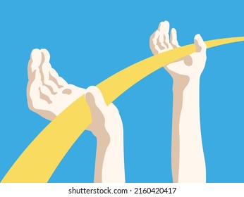 Path of Ukrainian nation. Human hands with yellow road in blue sky