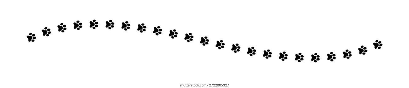 Trajetória de impressões de pata molhada ou lama de cão, gato, tigre ou guaxinim. Borda com silhuetas de pata. Degraus de correr ou andar animais selvagens isolados sobre fundo branco. Ilustração gráfica vetorial.