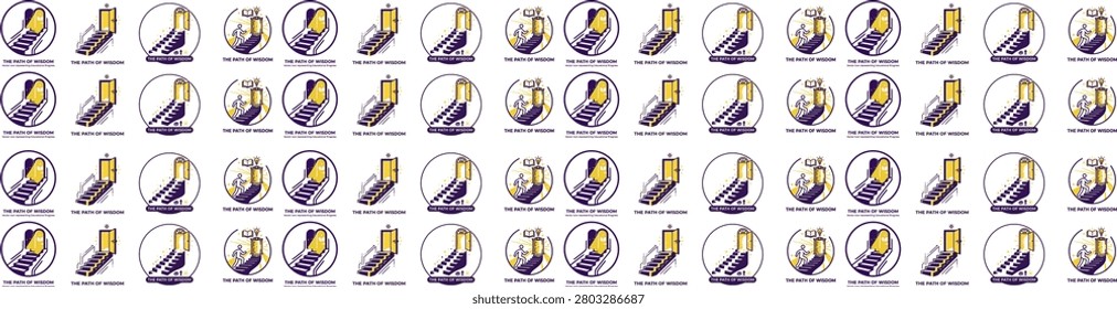 Path of wisdom conceptual vector icons set showing stairway leading to bright light
