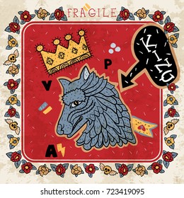 Path with wolf, crown, flower and stickers. Vector illustration for fashion apparels, t shirt, wrapping and printed tee design.
