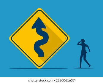 path you want is difficult. Businessman makes decision with winding road sign 