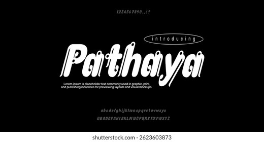 pathaya hand written brush lettering, isolated on black background. Modern Ink calligraphy. Thai font, typography card, poster design element. Vector illustration. Vintage traditionl style
