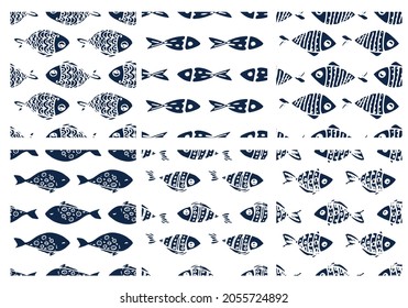 A pathetic drawing of a stylized fish of dark blue color.A SET of seamless pattern of sea fish drawn in cartoon style with patterns of dots and stripes arranged in different horizontal directions 