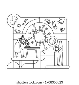 Pathogen analysis thin line concept vector illustration. Medical lab workers, biologists 2D cartoon characters for web design. Scientists analysing coronavirus cell. Bacteriology creative idea