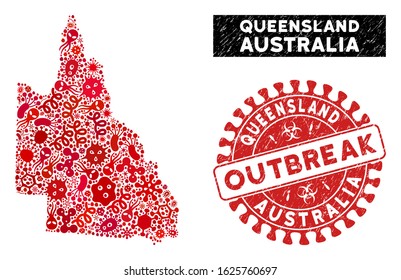 Pathogen collage Australian Queensland map and red grunge stamp seal with OUTBREAK words. Australian Queensland map collage composed with scattered amoeba elements.