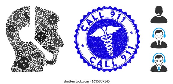 Pathogen Collage Call Center Operator Icon And Rounded Grunge Stamp Seal With Call 911 Phrase And Medicine Icon.