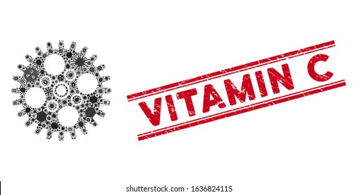 Pathogen collage cogwheel icon and red Vitamin C seal stamp between double parallel lines. Mosaic vector is composed with cogwheel icon and with randomized microbe cell icons.