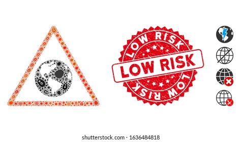 Pathogen collage Earth warning icon and rounded distressed stamp seal with Low Risk phrase. Mosaic vector is created with Earth warning icon and with random pandemic symbols.