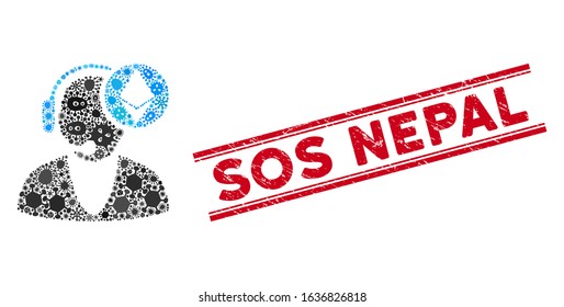 Pathogen collage Ethereum operator icon and red Sos Nepal seal stamp between double parallel lines. Mosaic vector is formed with Ethereum operator icon and with scattered viral icons.