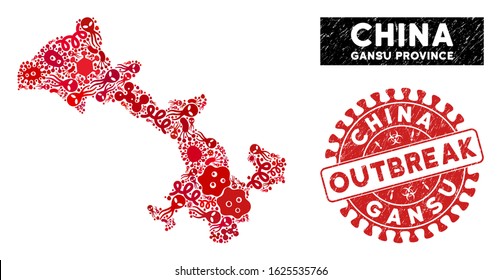 Pathogen collage Gansu Province map and red corroded stamp seal with OUTBREAK badge. Gansu Province map collage designed with randomized infectious symbols.