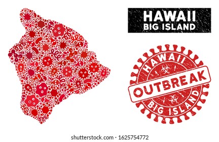 Pathogen collage Hawaii Big Island map and red distressed stamp watermark with OUTBREAK words. Hawaii Big Island map collage formed with randomized epidemic elements.