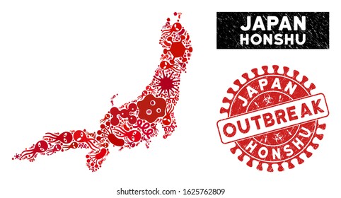 Pathogen collage Honshu Island map and red corroded stamp seal with OUTBREAK caption. Honshu Island map collage constructed with random pathogen symbols.