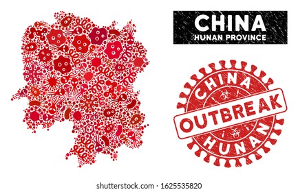 Pathogen collage Hunan Province map and red corroded stamp seal with OUTBREAK phrase. Hunan Province map collage constructed with scattered viral symbols.