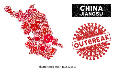 Pathogen collage Jiangsu Province map and red rubber stamp watermark with OUTBREAK badge. Jiangsu Province map collage composed with scattered bacillus items.