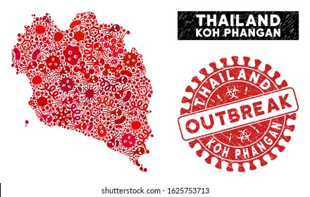 Pathogen collage Koh Phangan Thai Island map and red rubber stamp watermark with OUTBREAK badge. Koh Phangan Thai Island map collage designed with randomized contagious items.