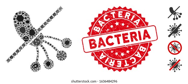 Pathogen collage no bacteria icon and rounded rubber stamp seal with Bacteria caption. Mosaic vector is formed from no bacteria icon and with randomized flu items. Bacteria stamp seal uses red color,