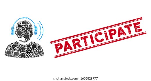 Pathogen collage operator signal icon and red Participate seal stamp between double parallel lines. Mosaic vector is formed with operator signal icon and with randomized pathogen symbols.