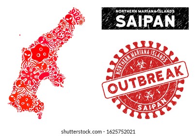 Pathogen collage Saipan Island map and red distressed stamp seal with OUTBREAK words. Saipan Island map collage composed with scattered virus items. Red round OUTBREAK stamp with dirty texture.