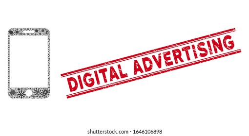 Pathogen collage smartphone icon and red Digital Advertising seal stamp between double parallel lines. Mosaic vector is composed from smartphone icon and with randomized viral objects.