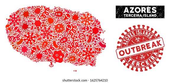 Pathogen collage Terceira Island map and red grunge stamp seal with OUTBREAK badge. Terceira Island map collage composed with random microbe symbols.