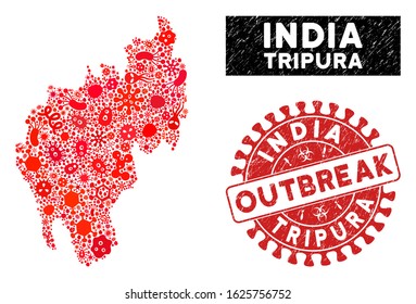 Pathogen collage Tripura State map and red distressed stamp seal with OUTBREAK words. Tripura State map collage formed with randomized microbe icons.