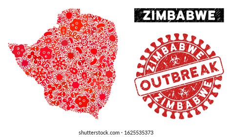 Pathogen collage Zimbabwe map and red grunge stamp seal with OUTBREAK badge. Zimbabwe map collage created with randomized virus symbols. Red rounded OUTBREAK seal stamp with scratched texture.