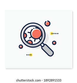 Pathogen color icon. Causative organism. Disease spread concept. Covid19, virus disease, influenza transmission. Infection in loupe. Blood antibody analysis. Isolated vector illustration