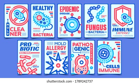 Pathogen Creative Advertising Posters Set Vector. Probiotic And Pathogen Bacteria, Mold Allergy And Cleaner, Epidemic Disease And Immune Cells Collection Banners. Concept Template Style Illustrations