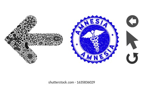 Pathogen mosaic arrow left icon and round rubber stamp seal with Amnesia caption and clinic sign. Mosaic vector is created with arrow left icon and with scattered pathogen symbols.
