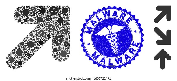 Pathogen mosaic arrow up right icon and rounded distressed stamp seal with Malware text and clinic icon. Mosaic vector is formed from arrow up right icon and with scattered microbe cell icons.