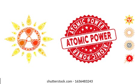 Pathogen mosaic atomic radiation icon and round rubber stamp watermark with Atomic Power text. Mosaic vector is formed with atomic radiation pictogram and with scattered bacterium items.