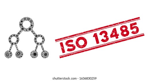 Pathogen mosaic binary tree icon and red ISO 13485 stamp between double parallel lines. Mosaic vector is formed from binary tree icon and with random virus icons. ISO 13485 stamp uses red color,