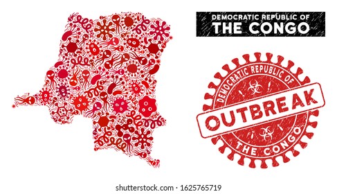 Pathogen mosaic Democratic Republic of the Congo map and red corroded stamp watermark with OUTBREAK words. Democratic Republic of the Congo map collage created with randomized pathogen icons.