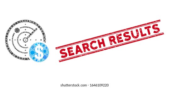 Pathogen mosaic dollar radar icon and red Search Results stamp between double parallel lines. Mosaic vector is formed with dollar radar icon and with randomized epidemic elements.