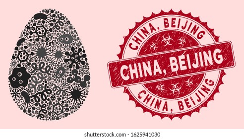 Pathogen mosaic egg icon and round rubber stamp seal with China, Beijing phrase. Mosaic vector is formed with egg icon and with random pandemic objects. China, Beijing seal uses red color,