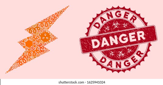 Pathogen mosaic electric spark icon and round rubber stamp watermark with Danger phrase. Mosaic vector is designed with electric spark icon and with randomized pathogen objects.