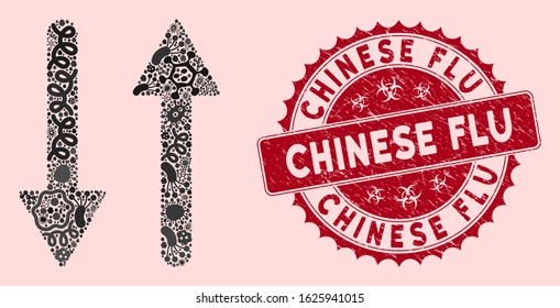 Pathogen mosaic exchange arrows icon and rounded rubber stamp watermark with Chinese Flu text. Mosaic vector is created with exchange arrows pictogram and with randomized pathogen objects.