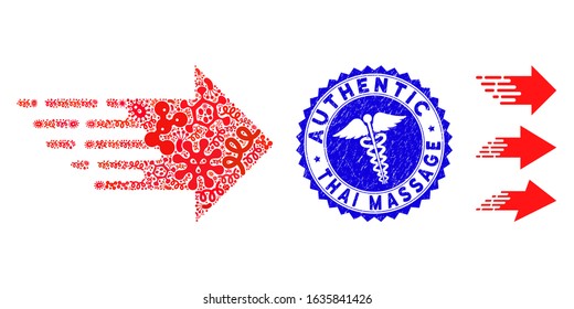 Pathogen mosaic express right movement icon and round distressed stamp seal with Authentic Thai Massage phrase and caduceus icon.