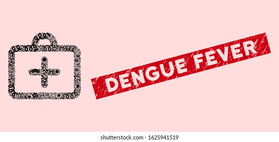 Pathogen mosaic first aid icon and rectangular corroded stamp seal with Dengue Fever caption. Mosaic vector is composed from first aid icon and with randomized contagion items.