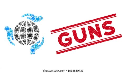 Pathogen mosaic global protection icon and red Guns rubber print between double parallel lines. Mosaic vector is composed with global protection icon and with randomized pathogen items.