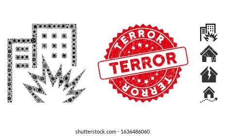Pathogen mosaic house terror icon and round grunge stamp seal with Terror caption. Mosaic vector is formed with house terror icon and with scattered microbe icons. Terror stamp uses red color,