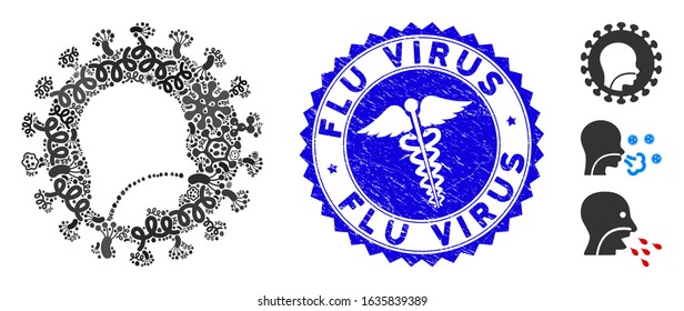Pathogen mosaic human flu virus icon and round distressed stamp seal with Flu Virus phrase and clinic icon. Mosaic vector is composed with human flu virus icon and with randomized bacillus icons.