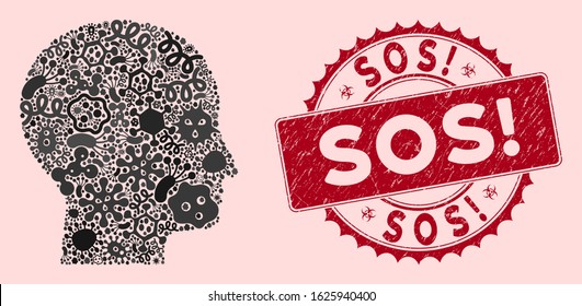 Pathogen mosaic human head icon and rounded rubber stamp seal with Sos! caption. Mosaic vector is designed with human head pictogram and with random epidemic objects. Sos! stamp seal uses red color,