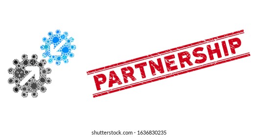 Pathogen mosaic integration gears icon and red Partnership seal between double parallel lines. Mosaic vector is formed with integration gears pictogram and with scattered pathogen items.